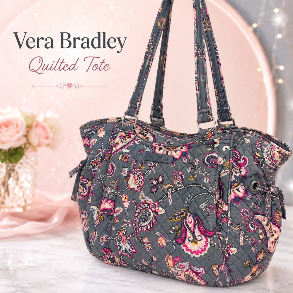 Vera Bradley Glenna Satchel Felicity Paisley Gray Pink Quilted Shoulder Bag